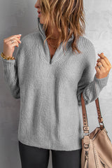 Quarter-Zip Rib-Knit Dropped Shoulder Knit Pullover