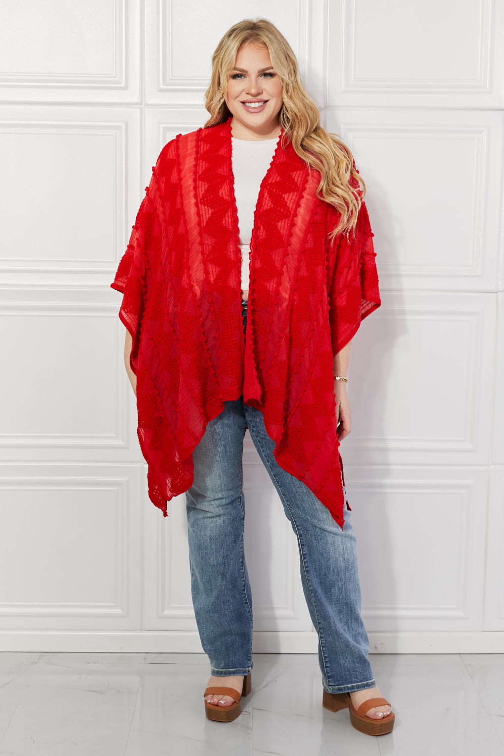 Justin Taylor – Asymmetrischer Poncho-Cardigan mit Pom-Poms in Rot