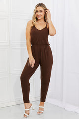 Capella Comfy Casual Full Size Solid Elastic WaistbJumpsuit in Chocolate