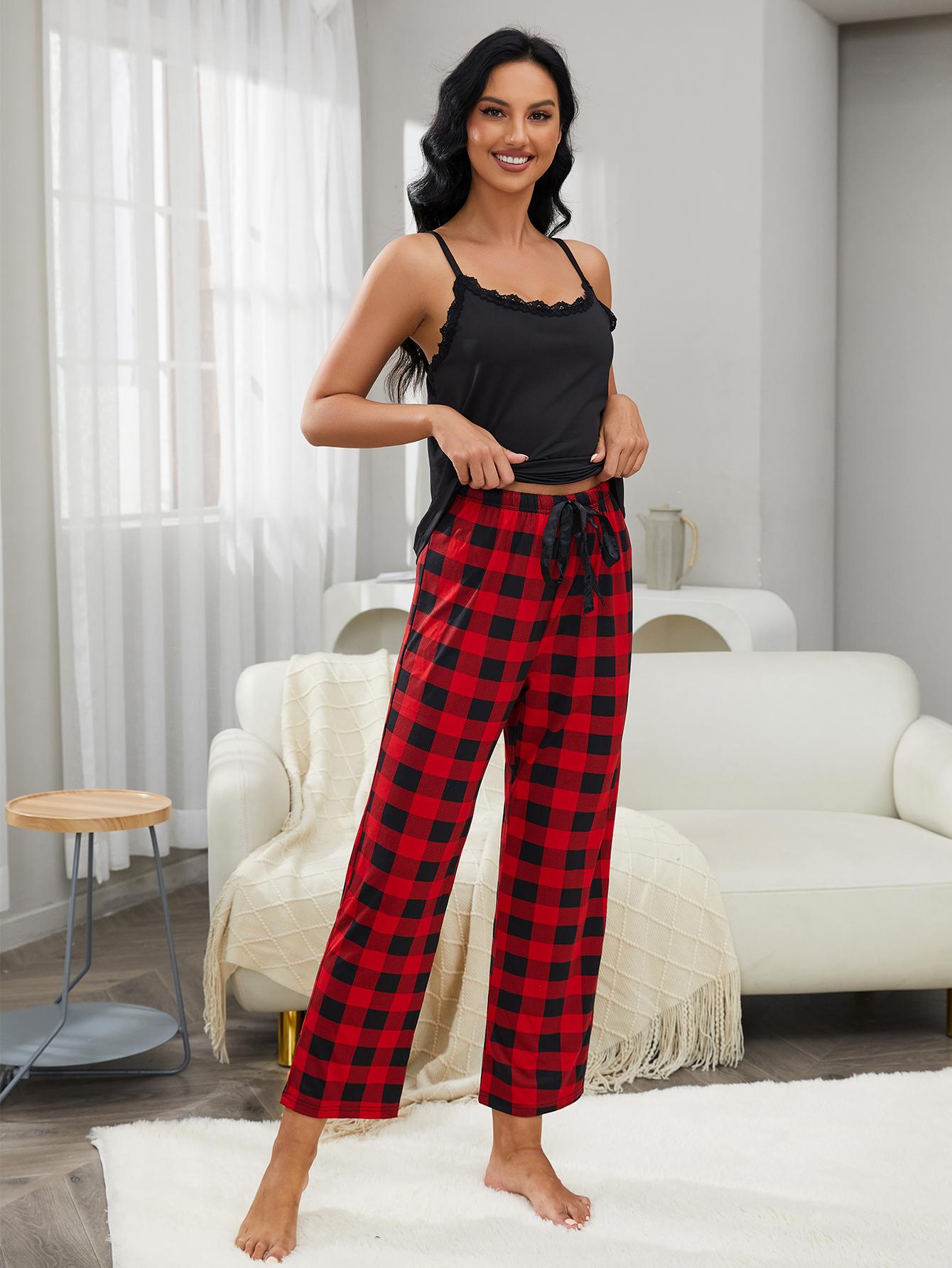 Lace Trim Cami Plaid Pants Lounge Set