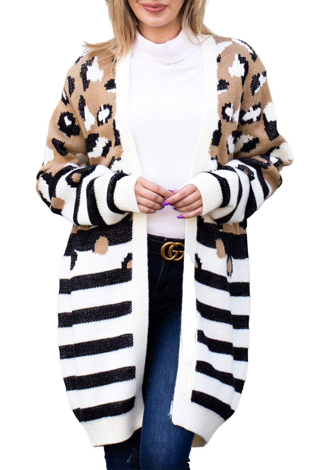 Braune, lange Strickjacke mit Leopardenmuster und Streifen