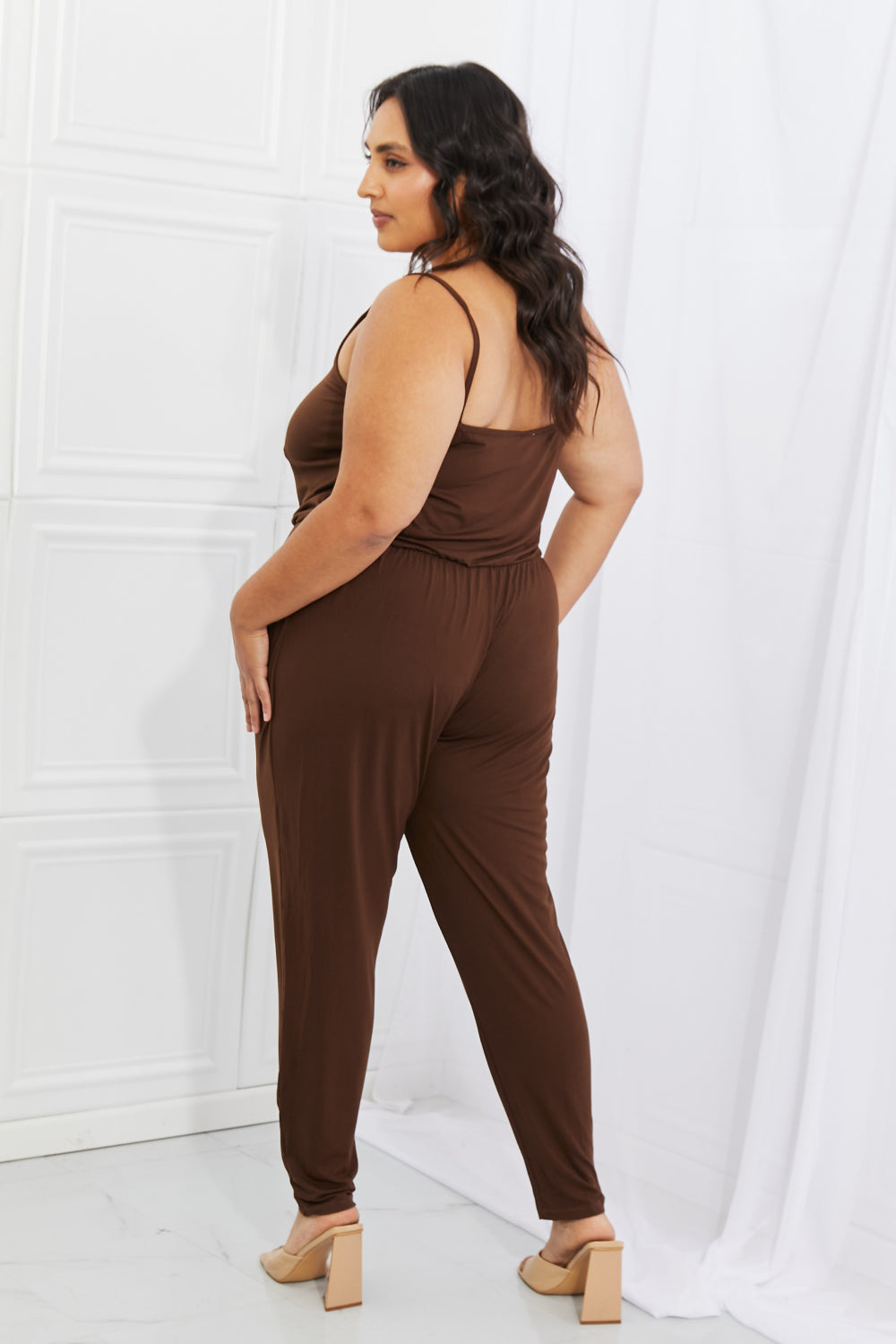 Capella Comfy Casual Full Size Solid Elastic WaistbJumpsuit in Chocolate