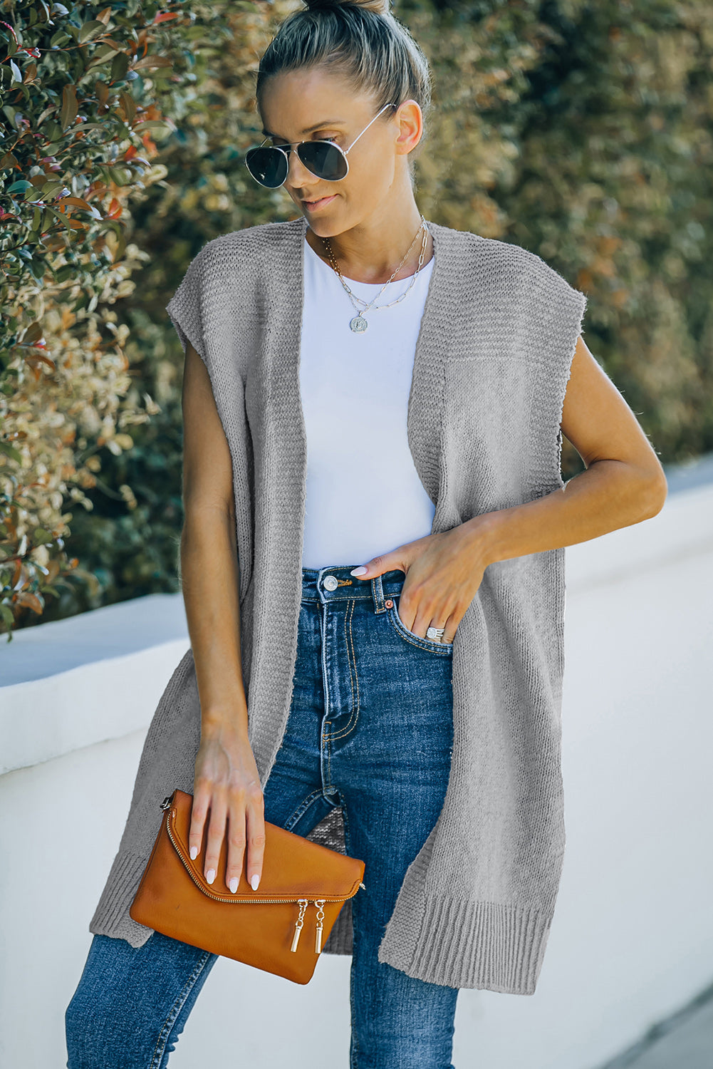 Ribbed Trim Open Front Sleeveless Cardigan