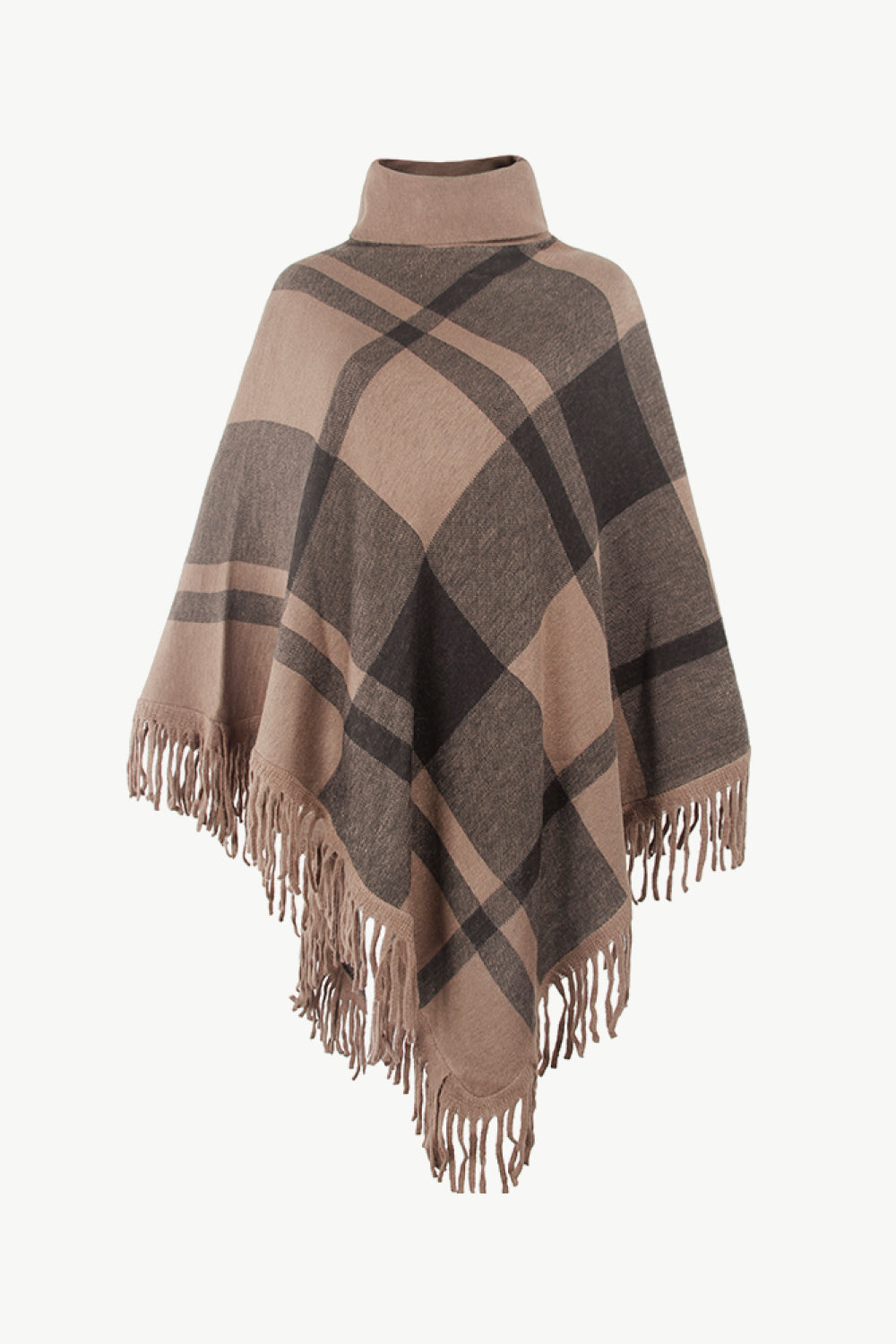 Plaid Fringe Hem Turtleneck Poncho