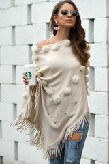 Bead Trim Boat Neck Fringed Poncho