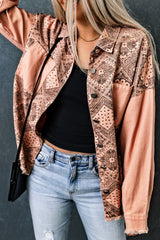 Bedruckte Button-Down-Jacke mit offenem Saum und Taschen