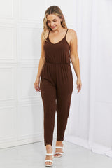 Capella Comfy Casual Full Size Solid Elastic WaistbJumpsuit in Chocolate