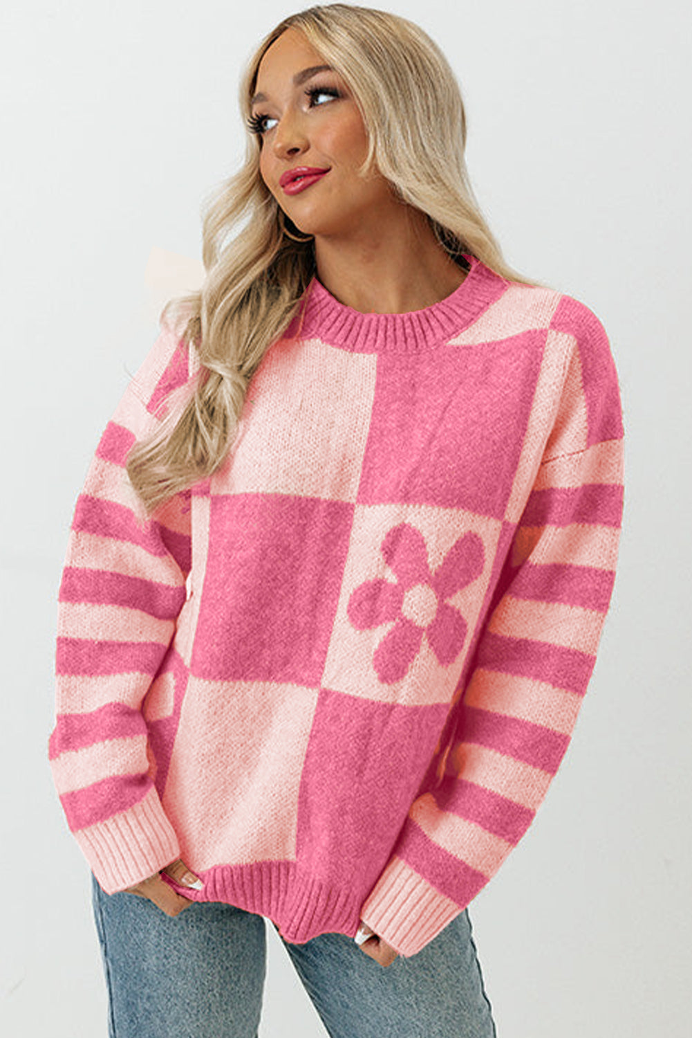 Brown Checkered Striped Knitted Pullover Sweater