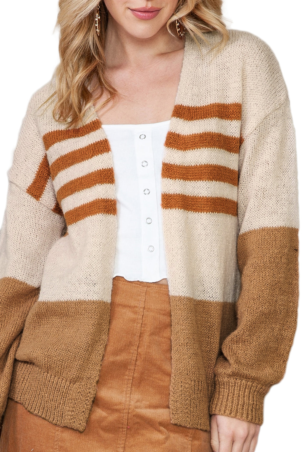 Kamelfarbener Cardigan mit Farbblock-Streifen und offener Vorderseite