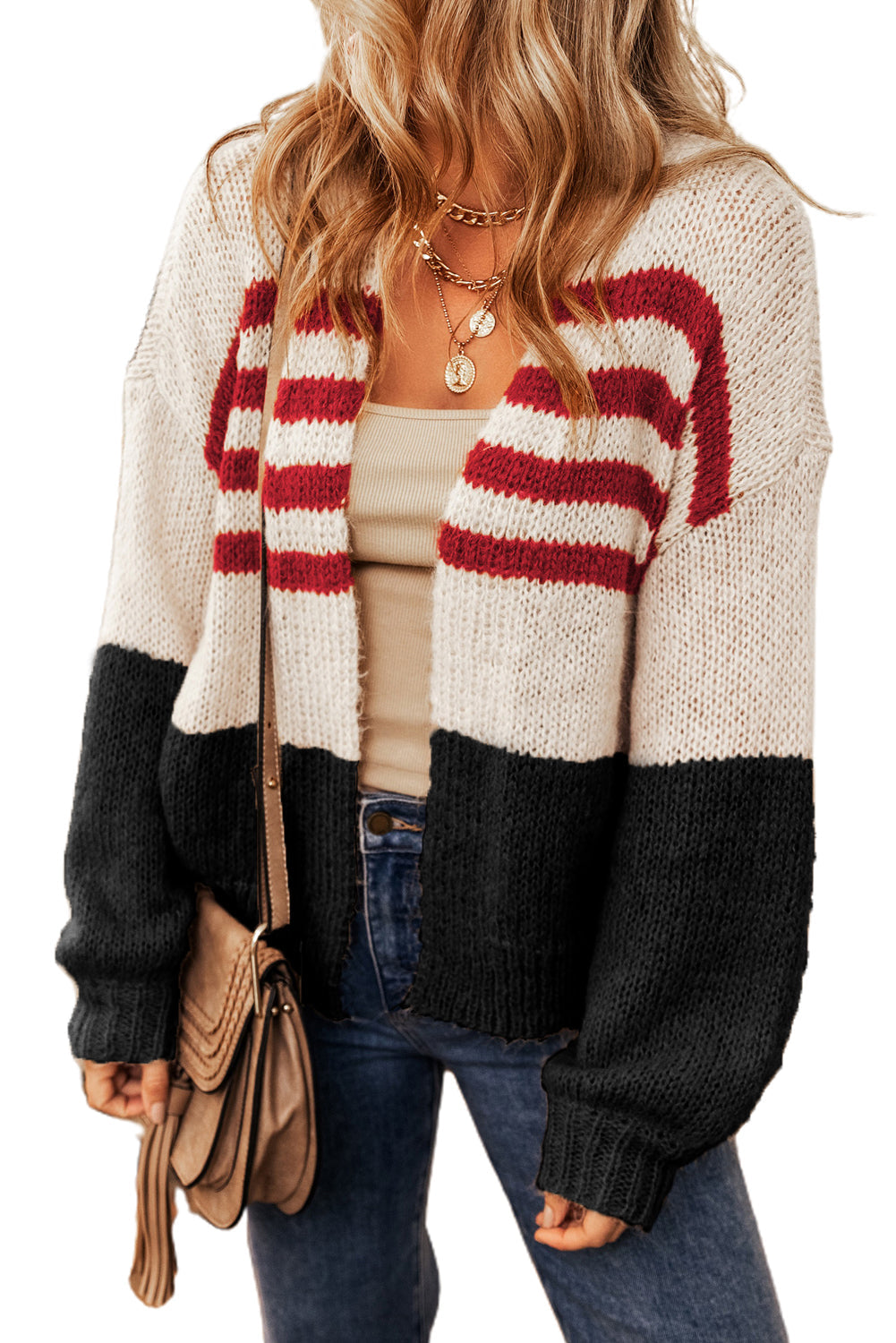 Kamelfarbener Cardigan mit Farbblock-Streifen und offener Vorderseite