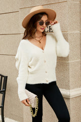 Flauschige Strickjacke mit Puffärmeln und V-Ausschnitt