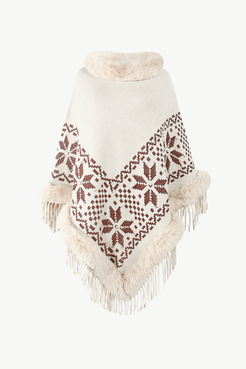 Patterned Faux Fur Trim Fringe Hem Poncho