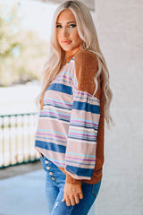 Striped Dropped Shoulder Ribbed Trim Top