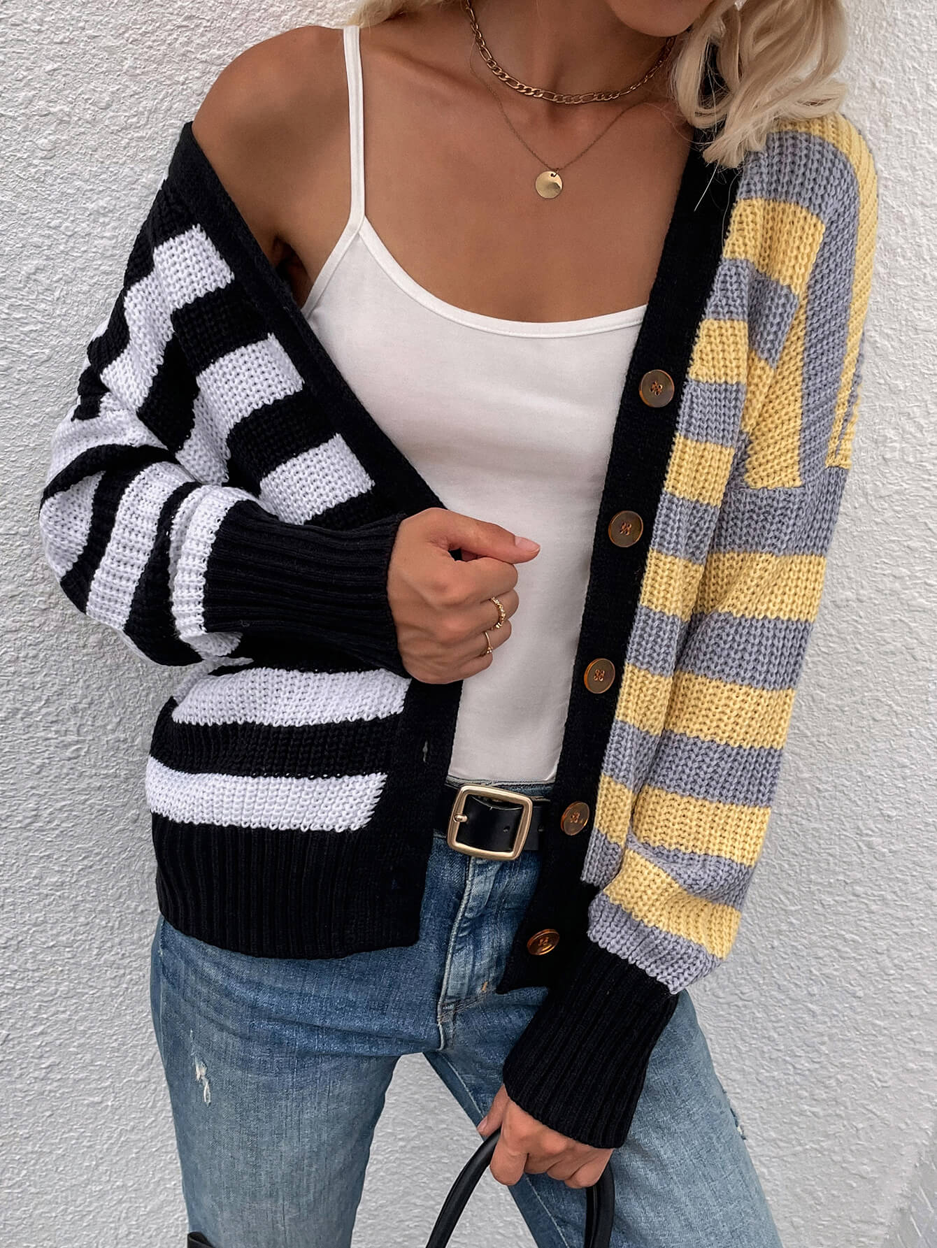 Striped Color Block Button Down Cardigan