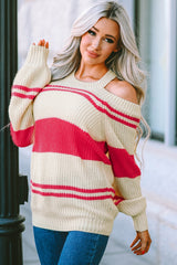 Striped Rib-Knit Cold-Shoulder Sweater