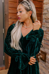 Blackish Green V Neck Lace Up Sleeve Ruffled Velvet Dress