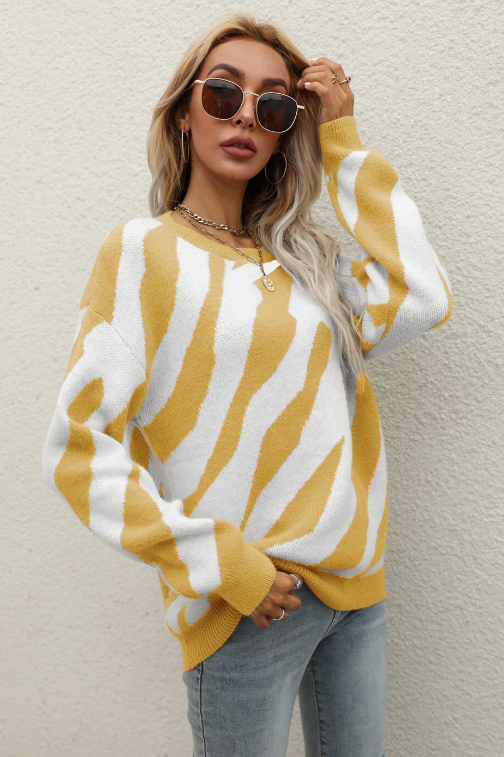 Animal Print Round Neck Dropped Shoulder Sweater