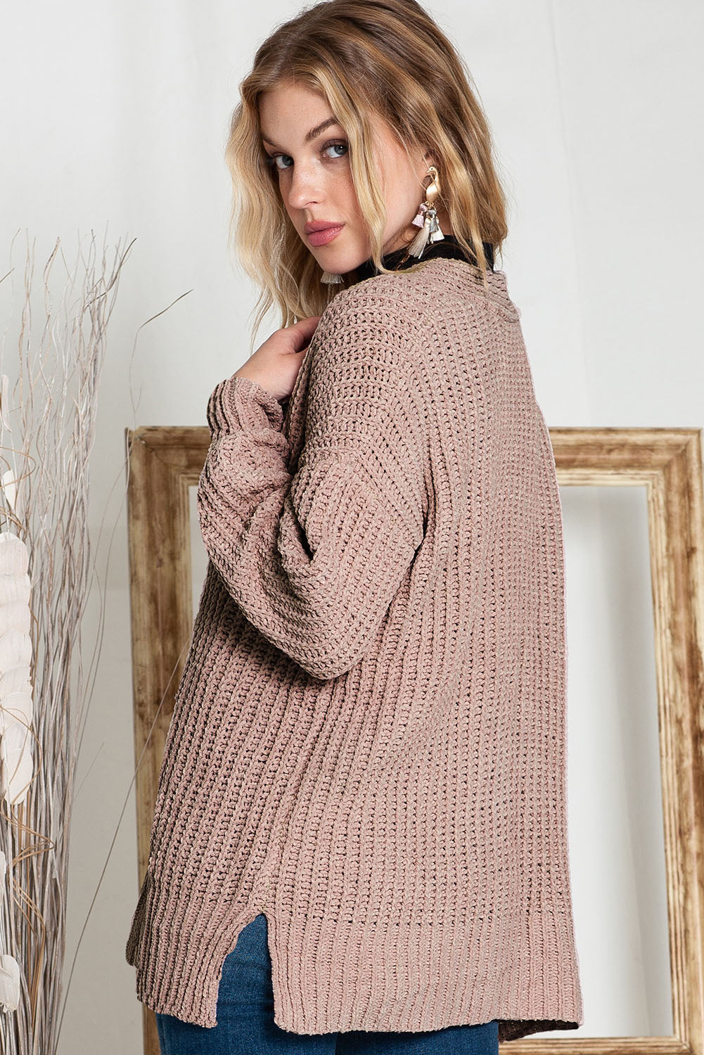 Khakifarbene, einfarbige, lässige Strickjacke mit Knöpfen