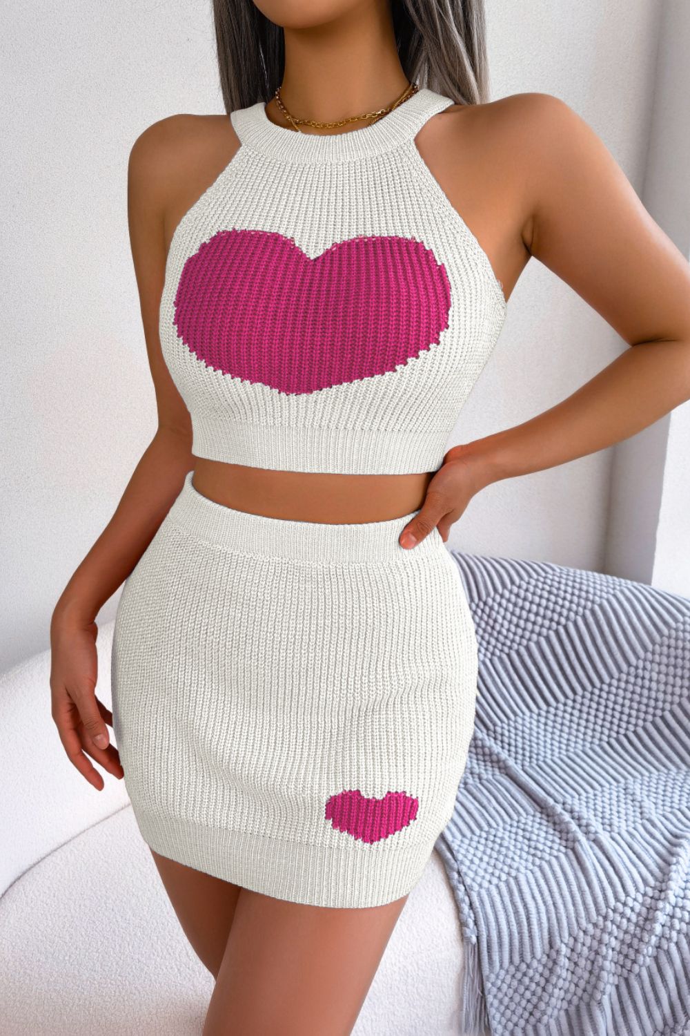 Heart Contrast Ribbed Sleeveless Knit Top Skirt Set