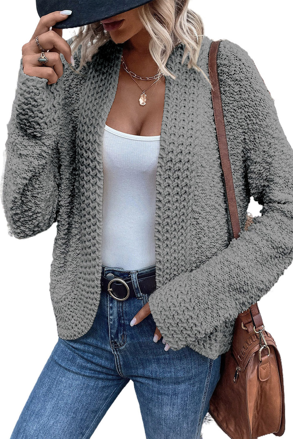 Apricot Popcorn Knit Open Front Cardigan