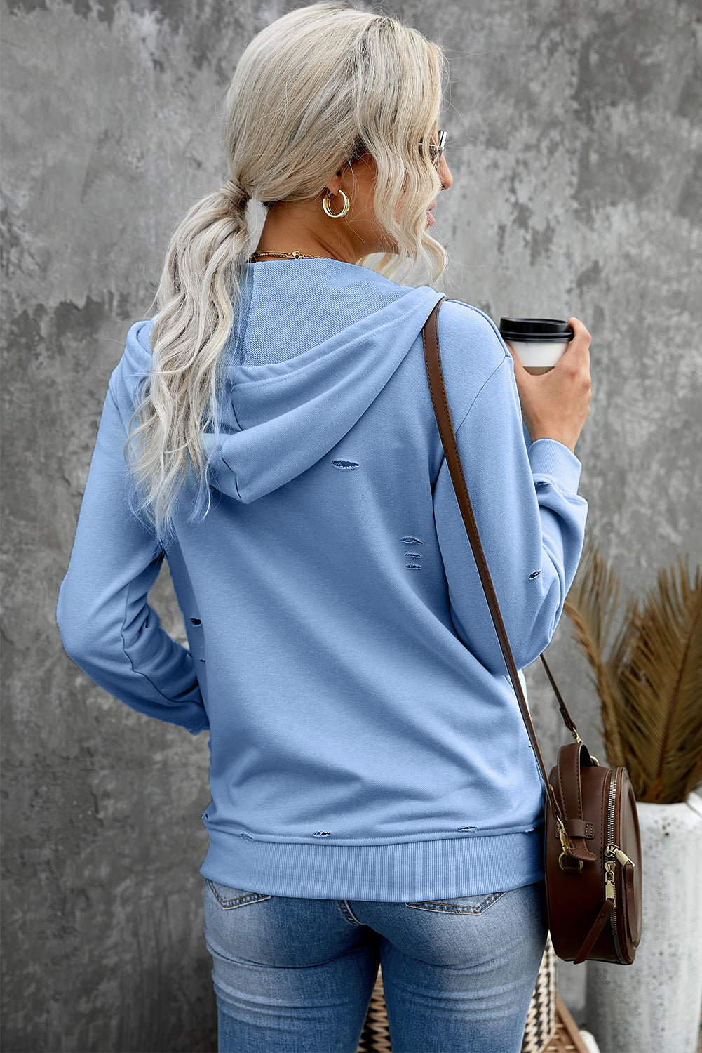 Kapuzenpullover im Used-Look mit Reißverschluss und Kordelzug