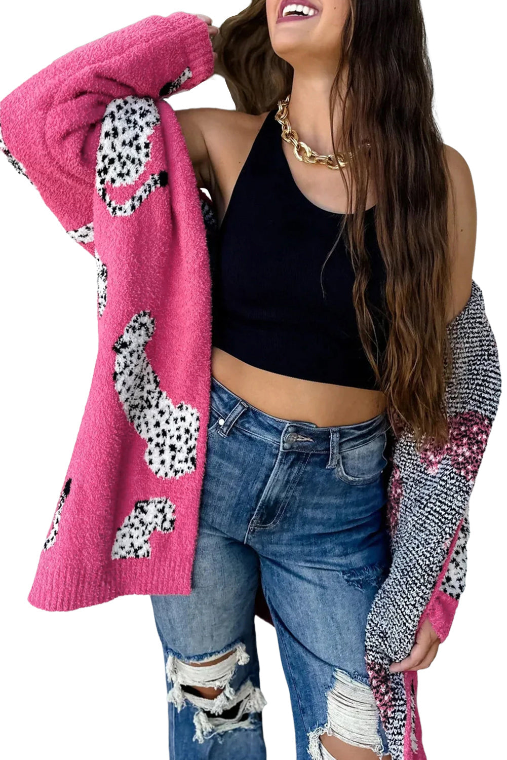 Rosarote Strickjacke mit offener Vorderseite und Animalprint