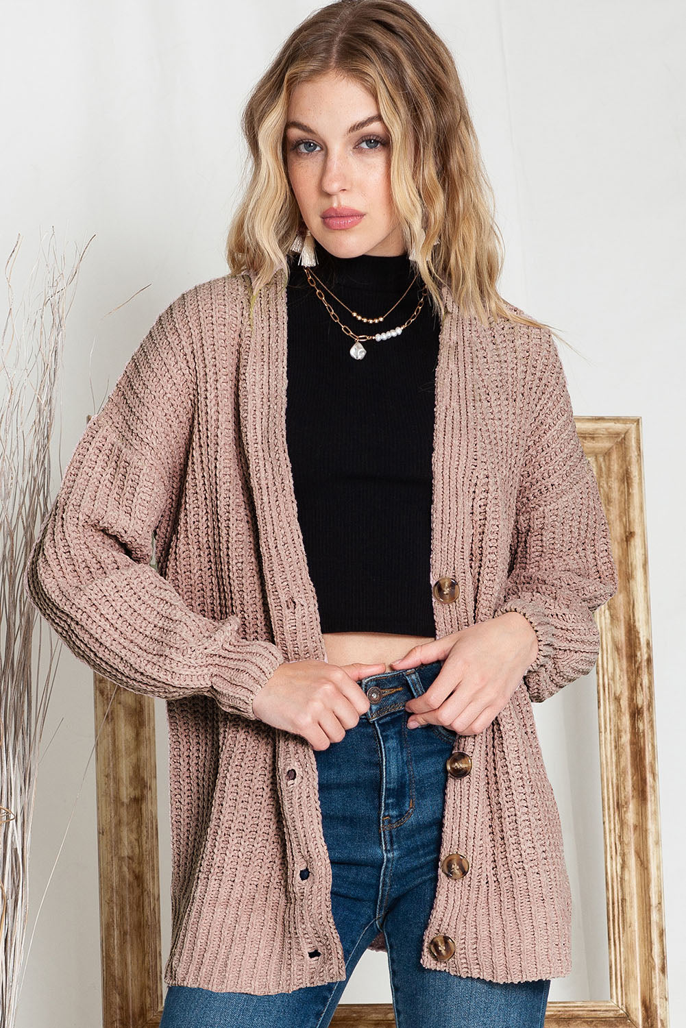 Khakifarbene, einfarbige, lässige Strickjacke mit Knöpfen