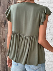 Haut babydoll boutonné à col noué et manches flottantes