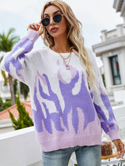 Printed Round Neck Ribbed Trim Knitted Sweater