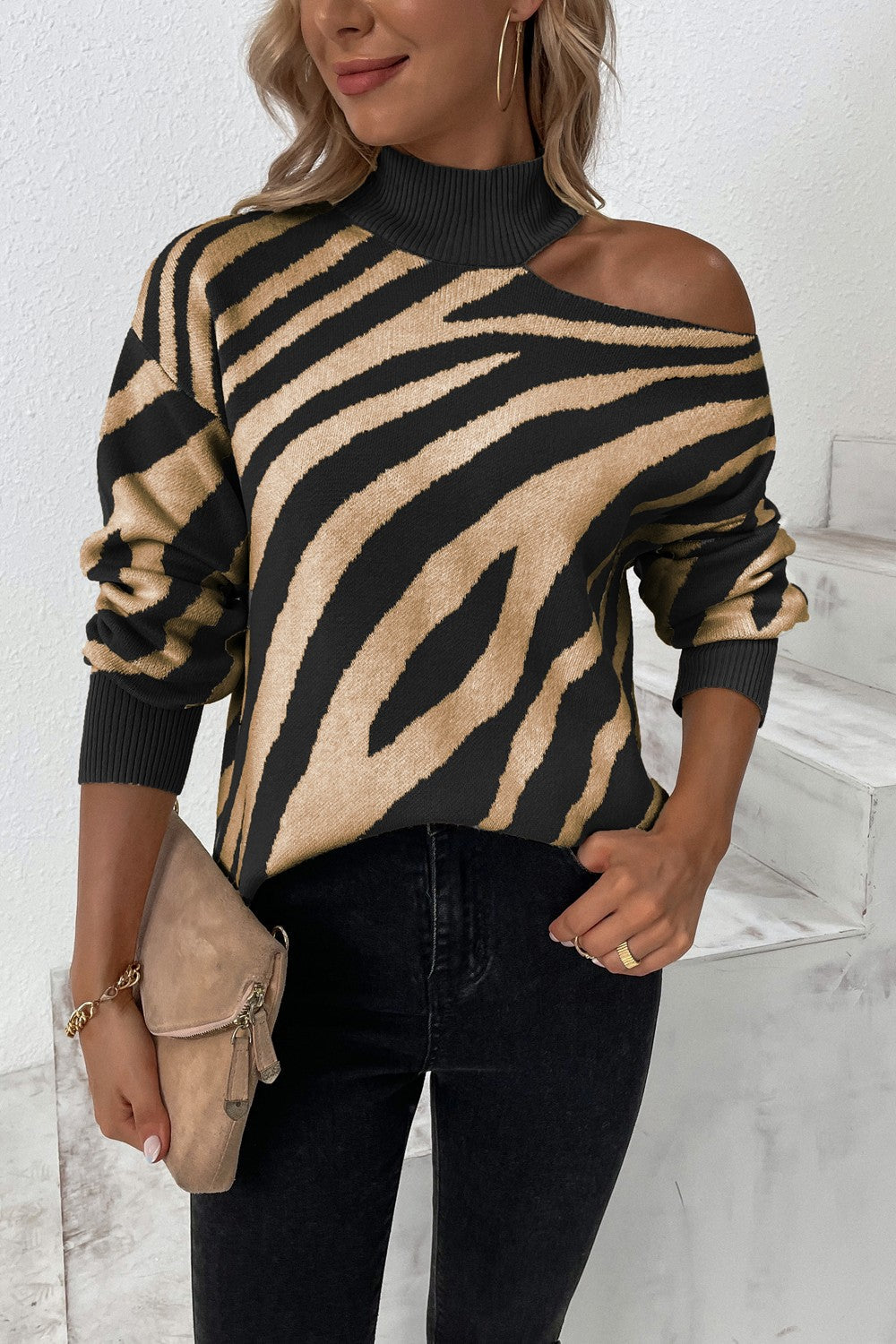 Animal Print Cold-Shoulder Sweater