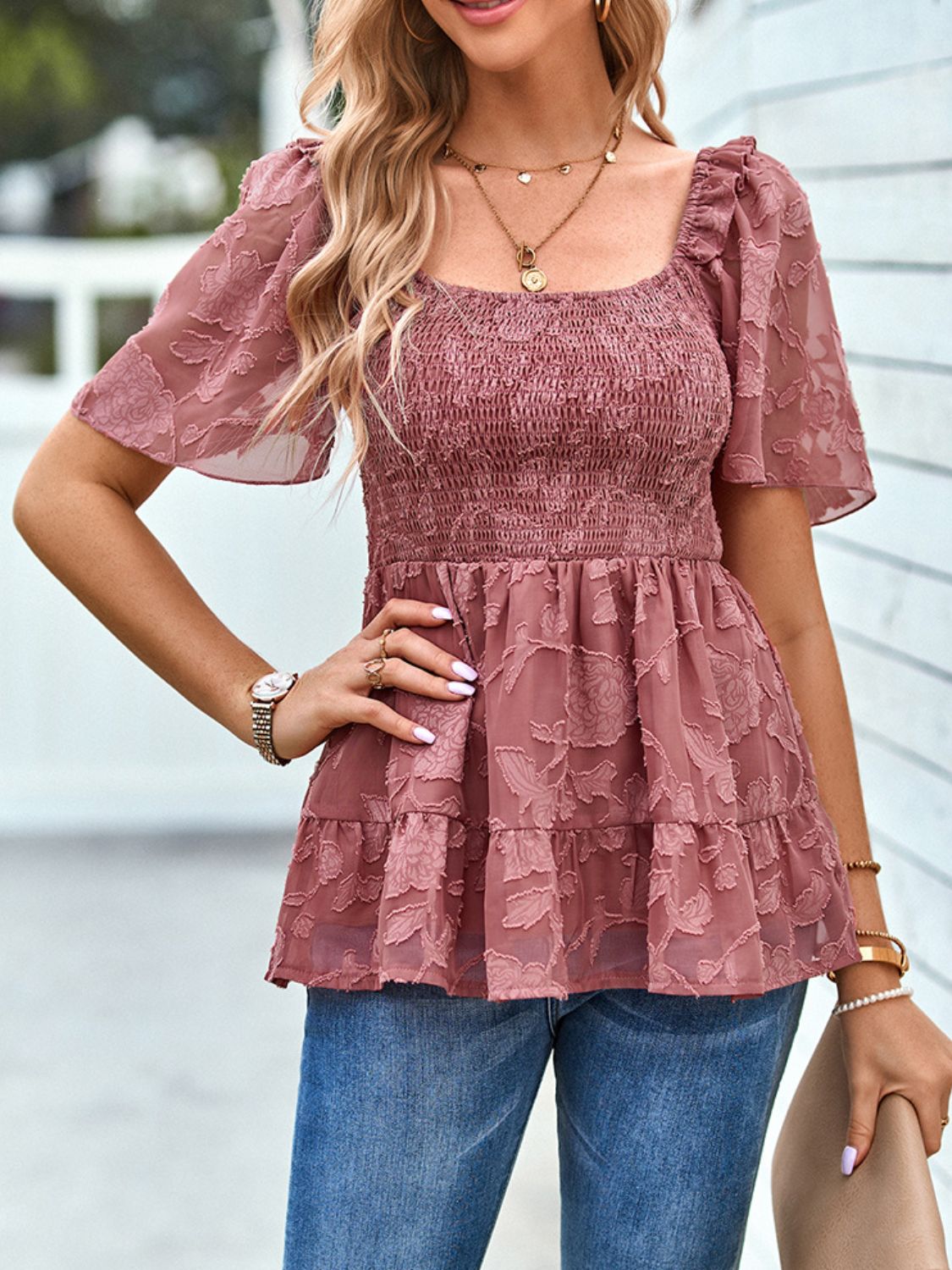 Gesmoktes Babydoll-Bluse mit quadratischem Ausschnitt