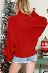 Pull rouge à col roulé et manches chauve-souris « Joyeux Noël »
