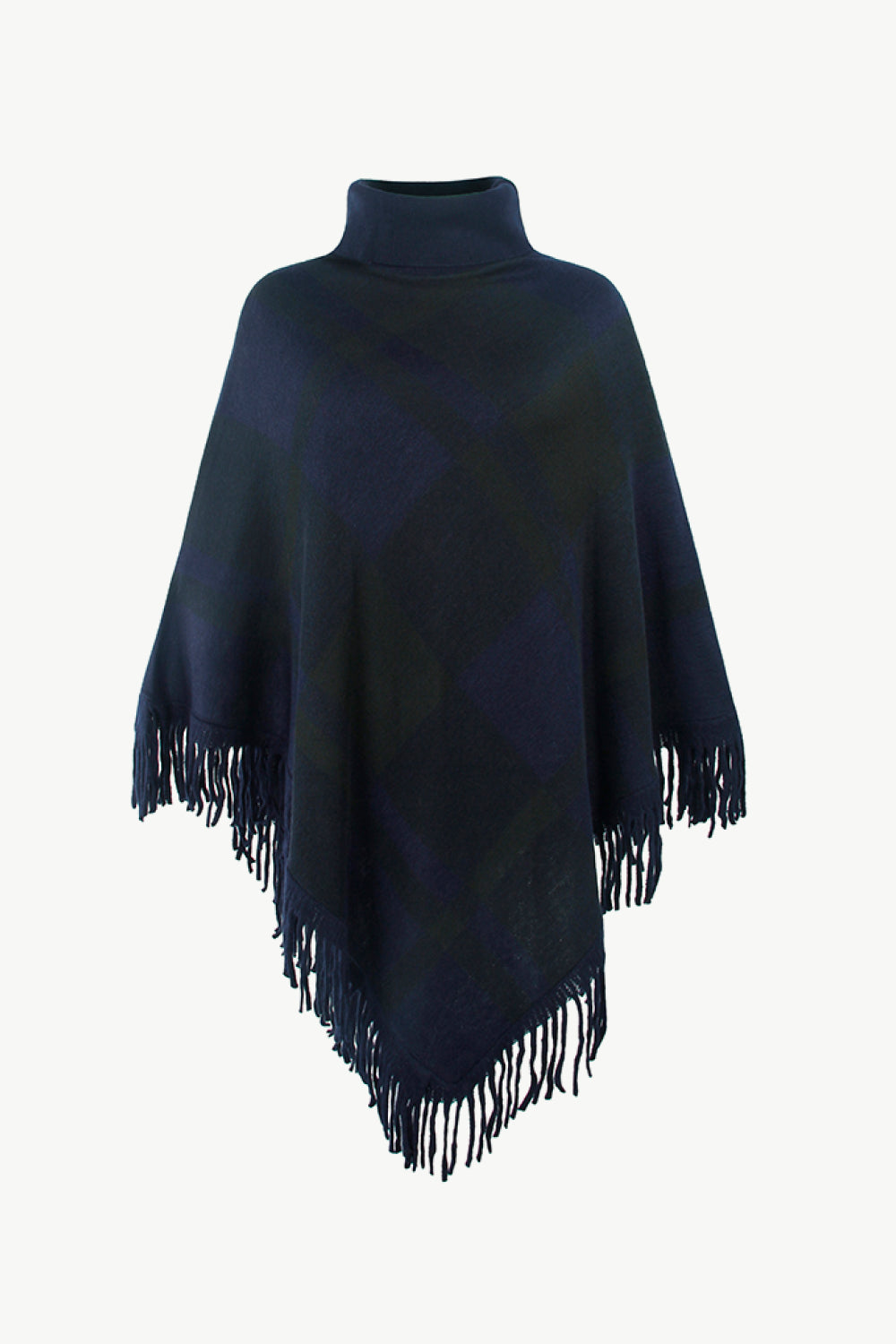 Plaid Fringe Hem Turtleneck Poncho