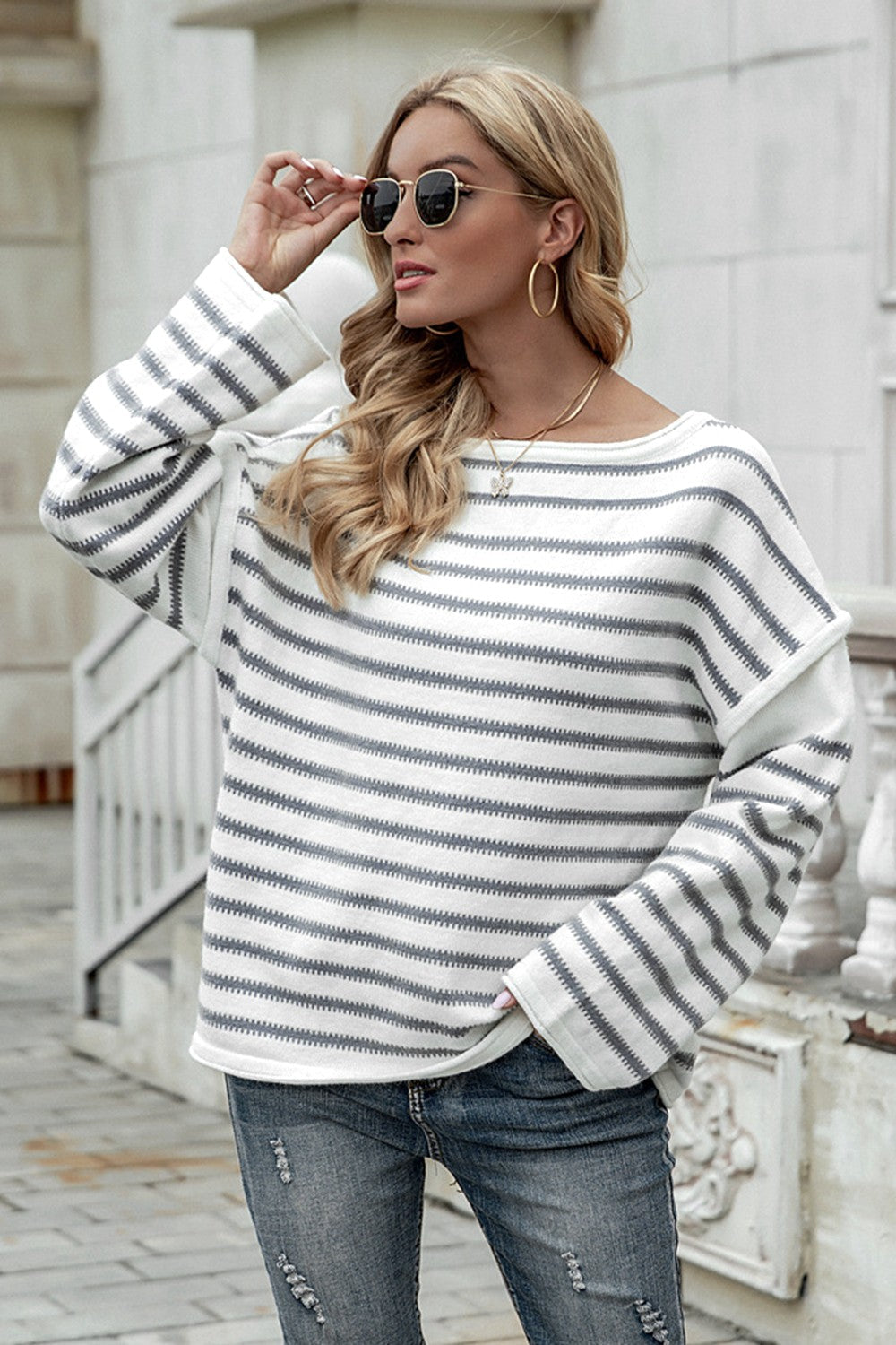 Striped Dropped Shoulder Tunic Sweater