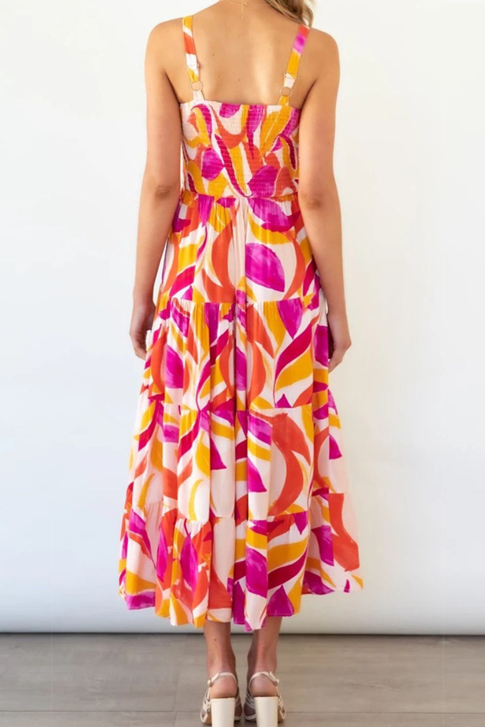 Robe imprimée à smocks, col carré et manches superposées