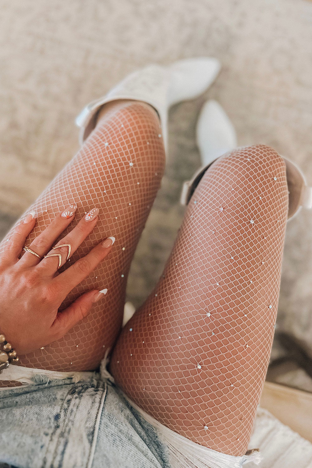 Bright White Rhinestone Fishnet Pantyhose