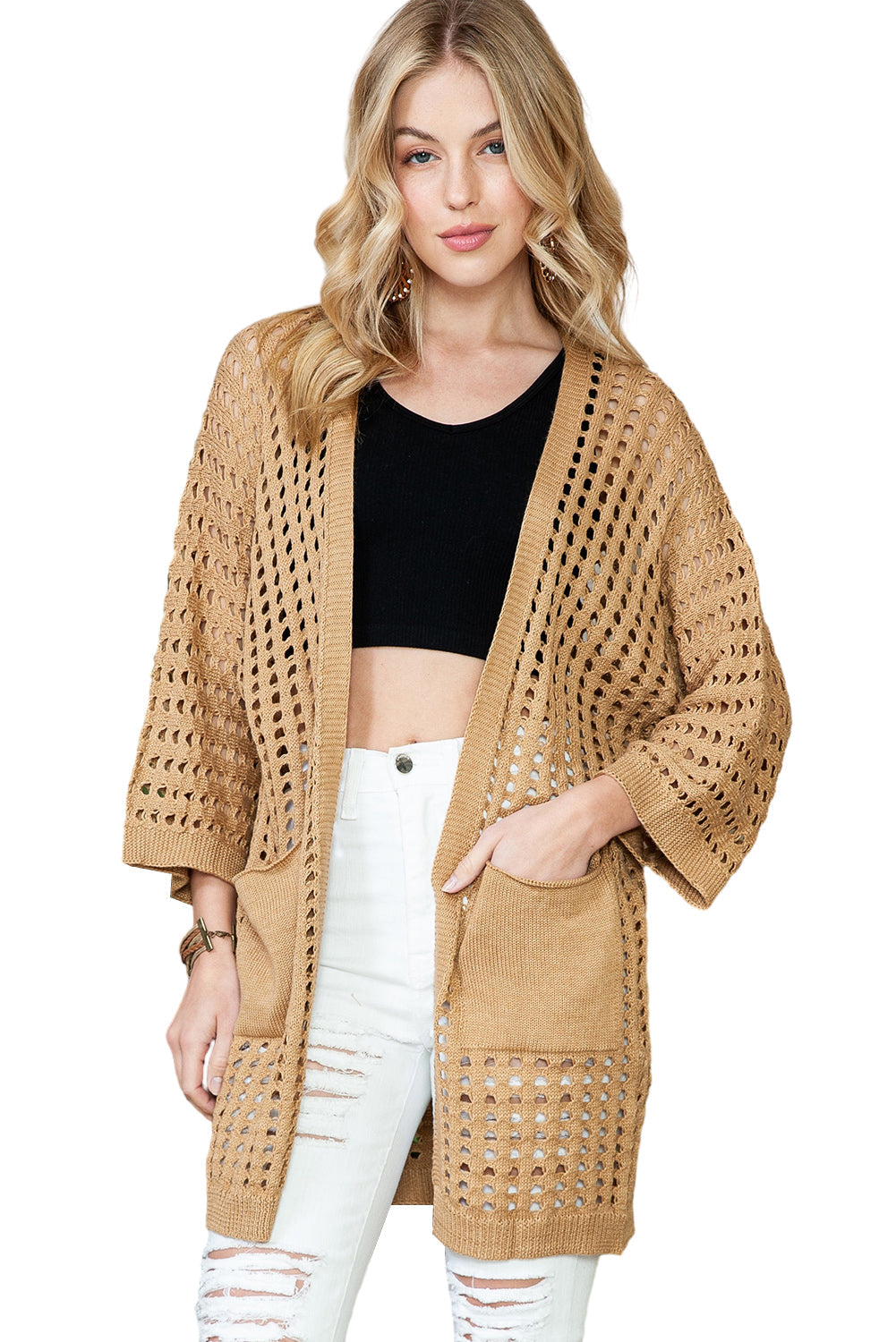 Kamelfarbener Pointelle-Strickcardigan mit offener Vorderseite und Tasche