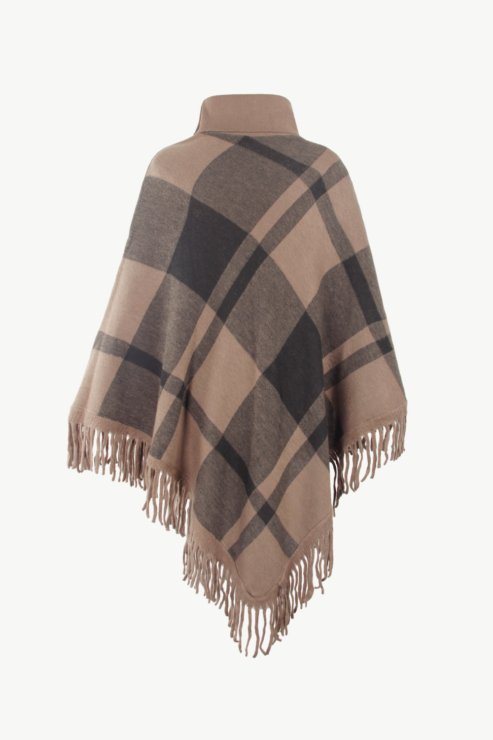 Plaid Fringe Hem Turtleneck Poncho