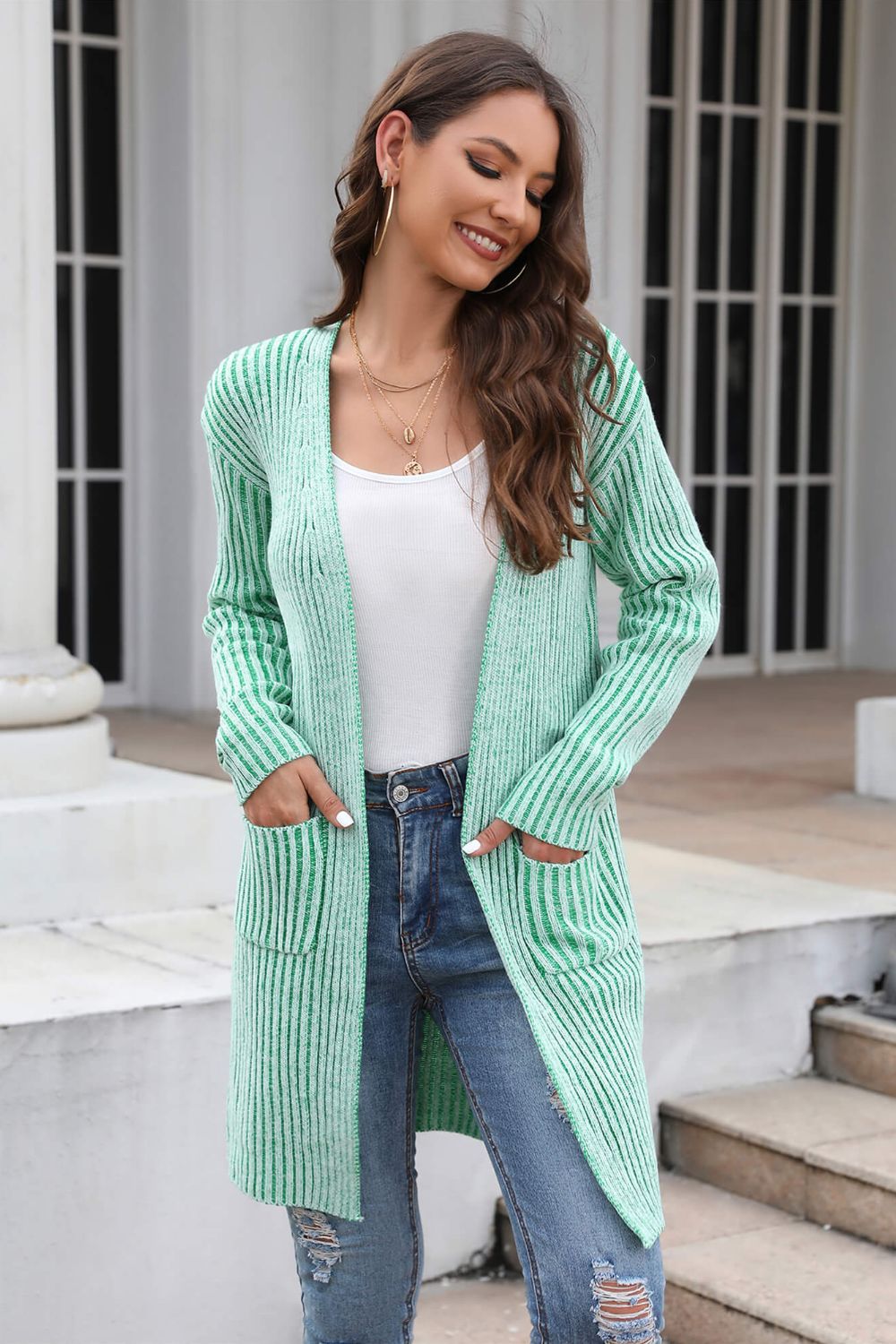 Open Front Dropped Shoulder Pocket Longline Cardigan