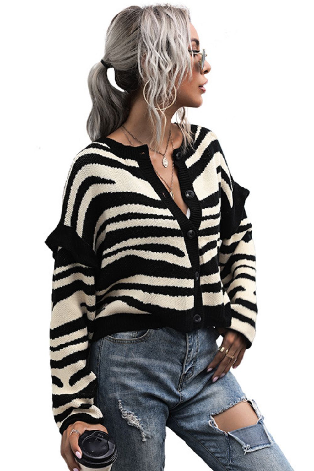 Gestreifte Strickjacke mit Button-Down-Kragen und überschnittenen Schultern
