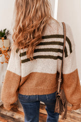 Kamelfarbener Cardigan mit Farbblock-Streifen und offener Vorderseite