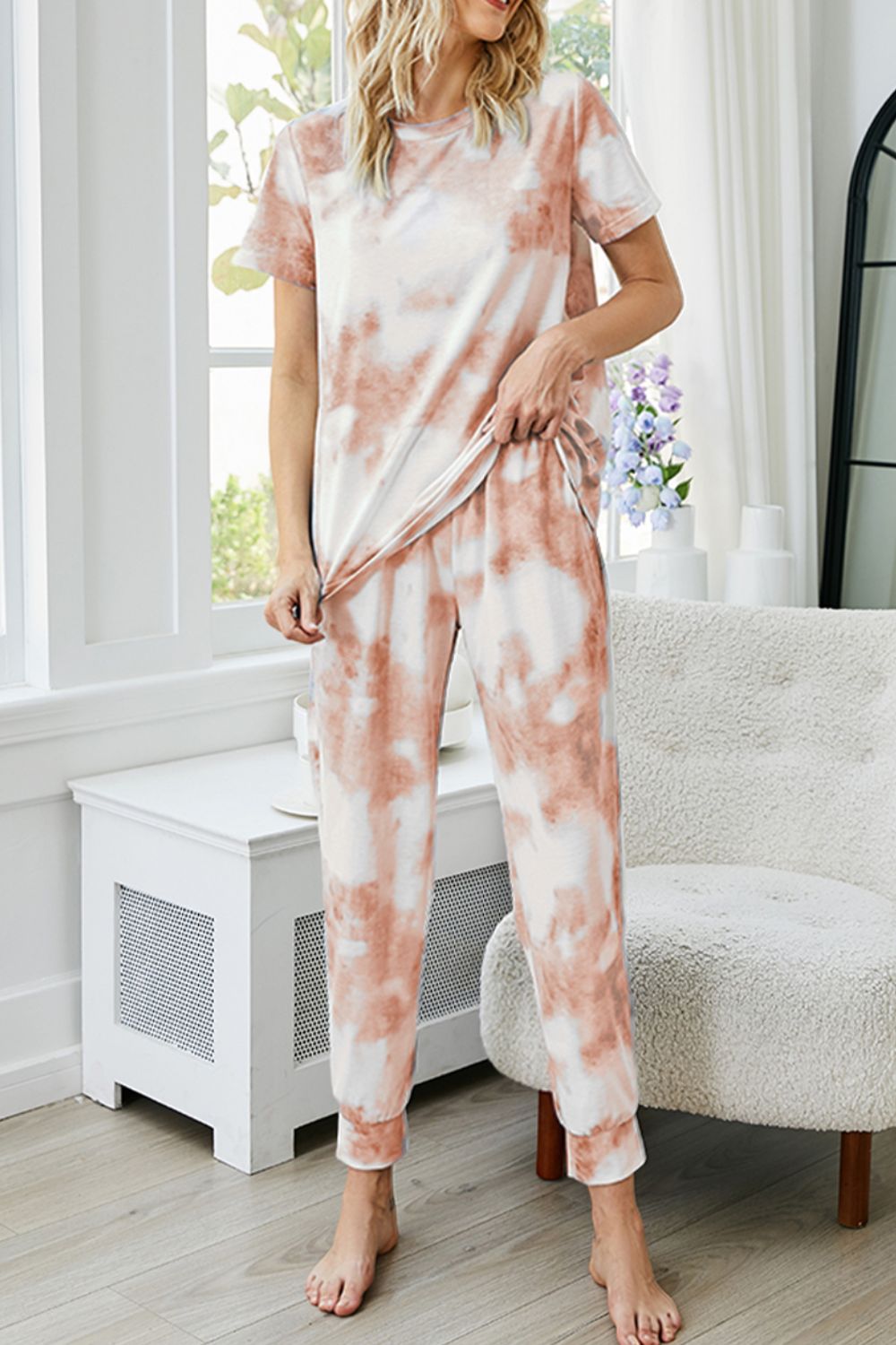 Tie-Dye Round Neck Short Sleeve Top Pants Lounge Set