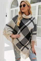 Plaid Fringe Hem Turtleneck Poncho