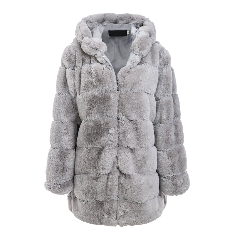 Simplee Vintage Fluffy Hoodie Faux Fur Coat Grey Jacket Coat Plus Size Warm Long Casual Outerwear Overcoat