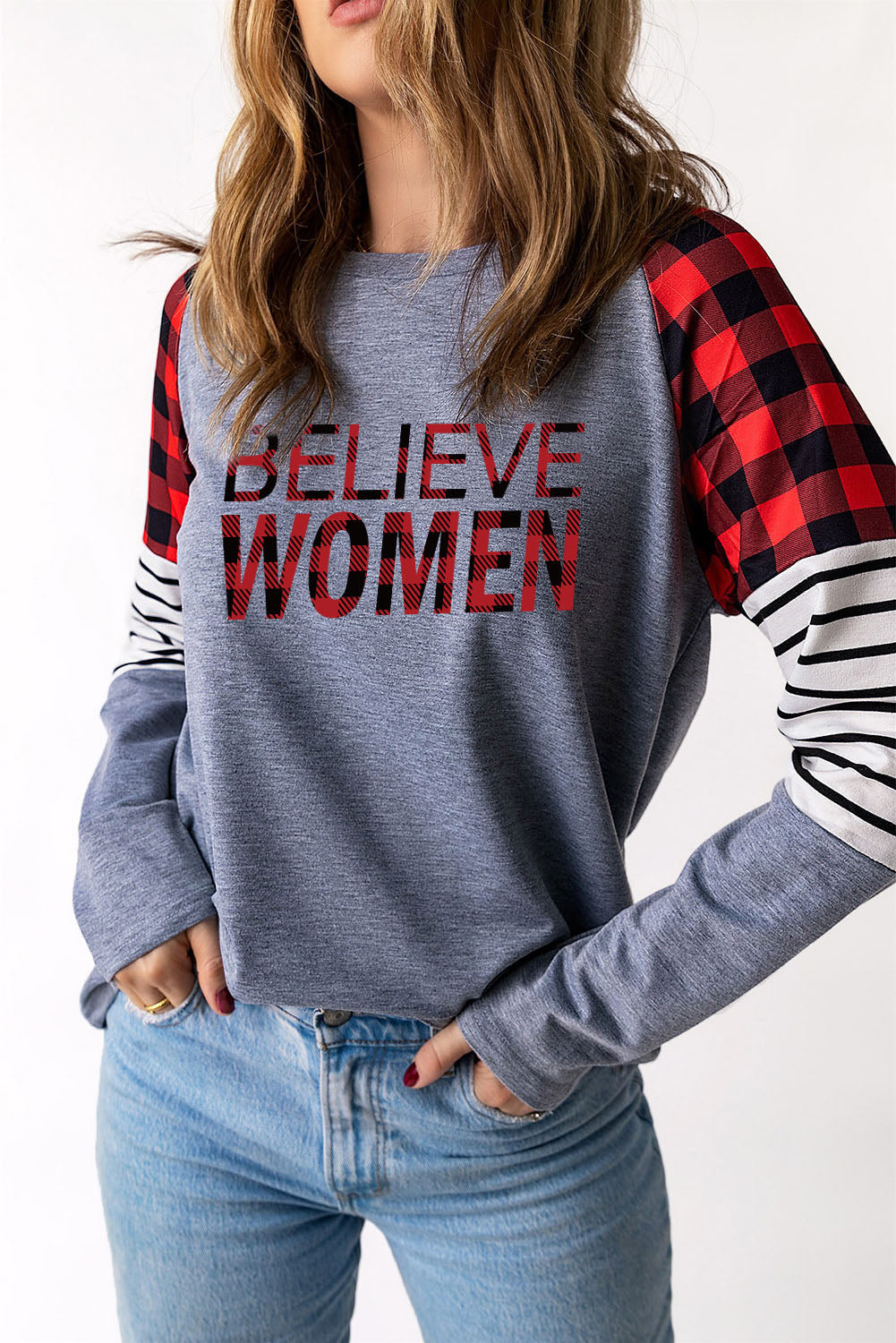 BELIEVE Plaid Striped Raglan Sleeve Top
