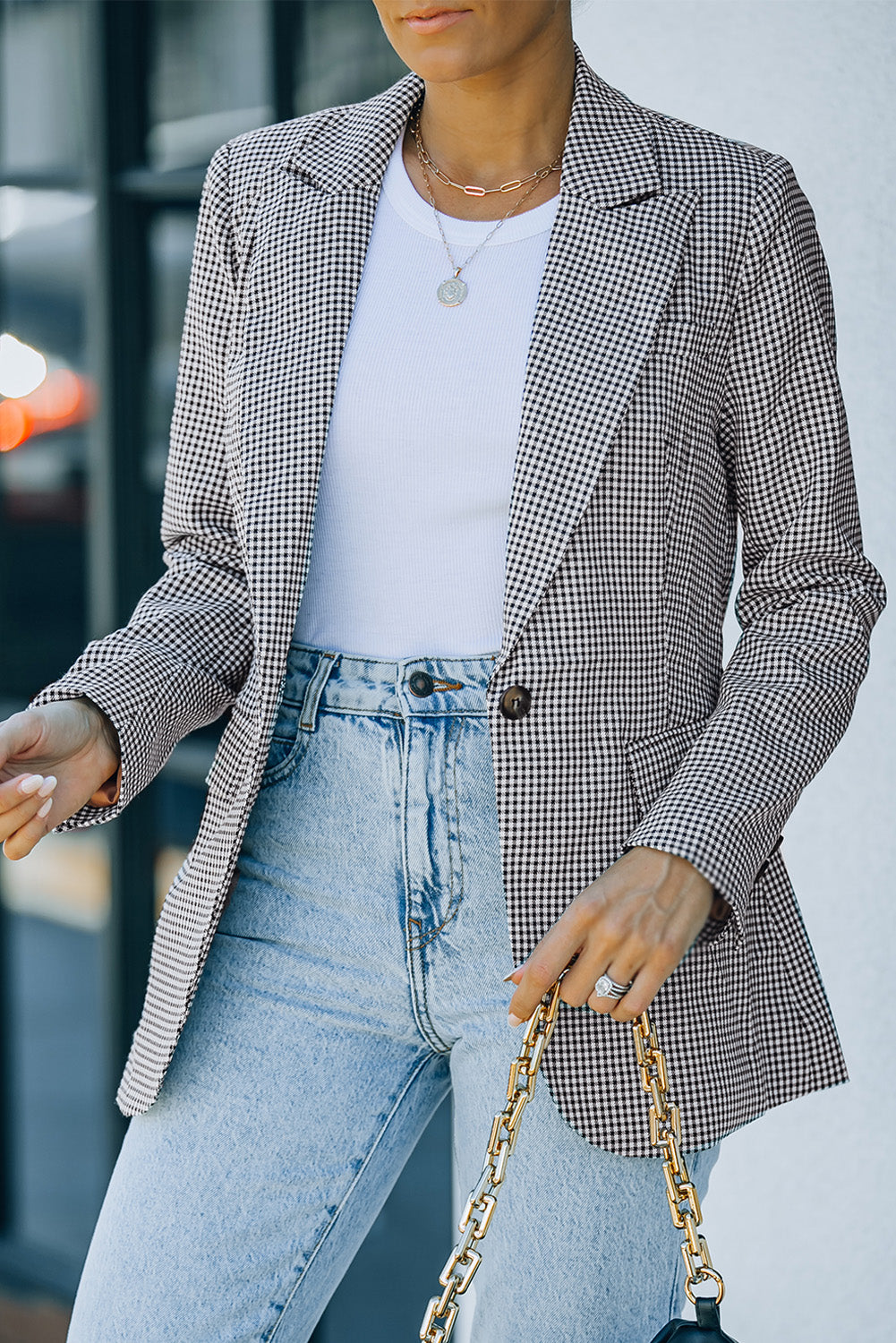 Blazer à carreaux avec col à revers et poignets boutonnés