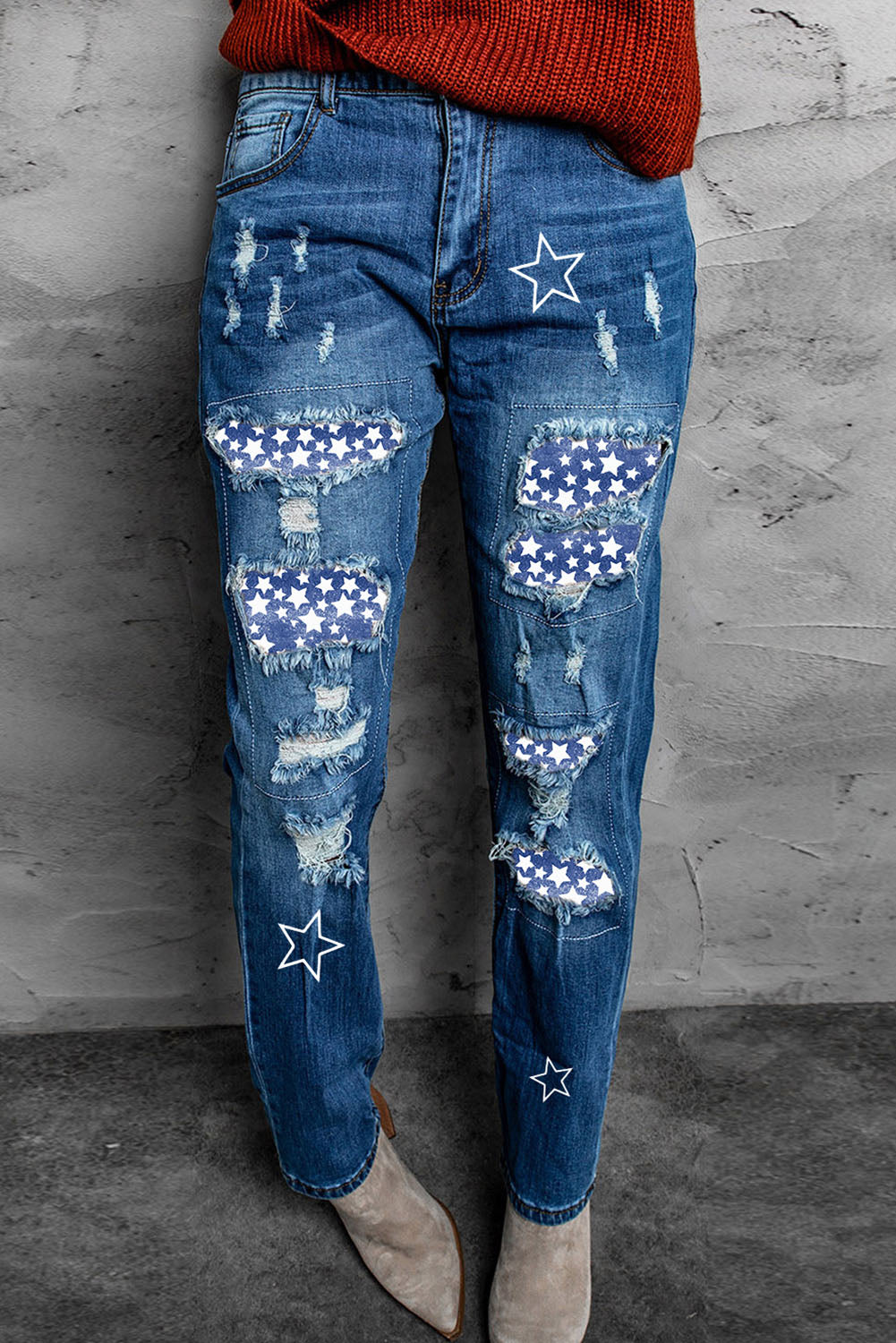 Jean boyfriend vieilli avec patch imprimé