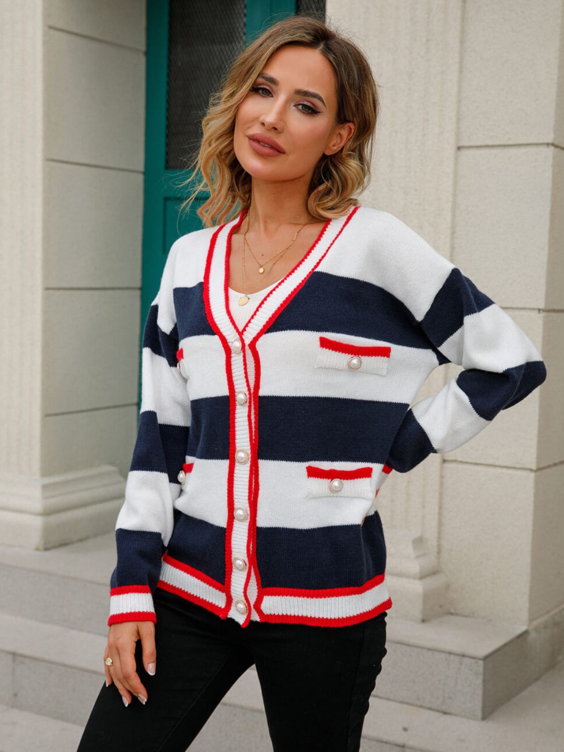 Striped Contrast Button-Up Cardigan