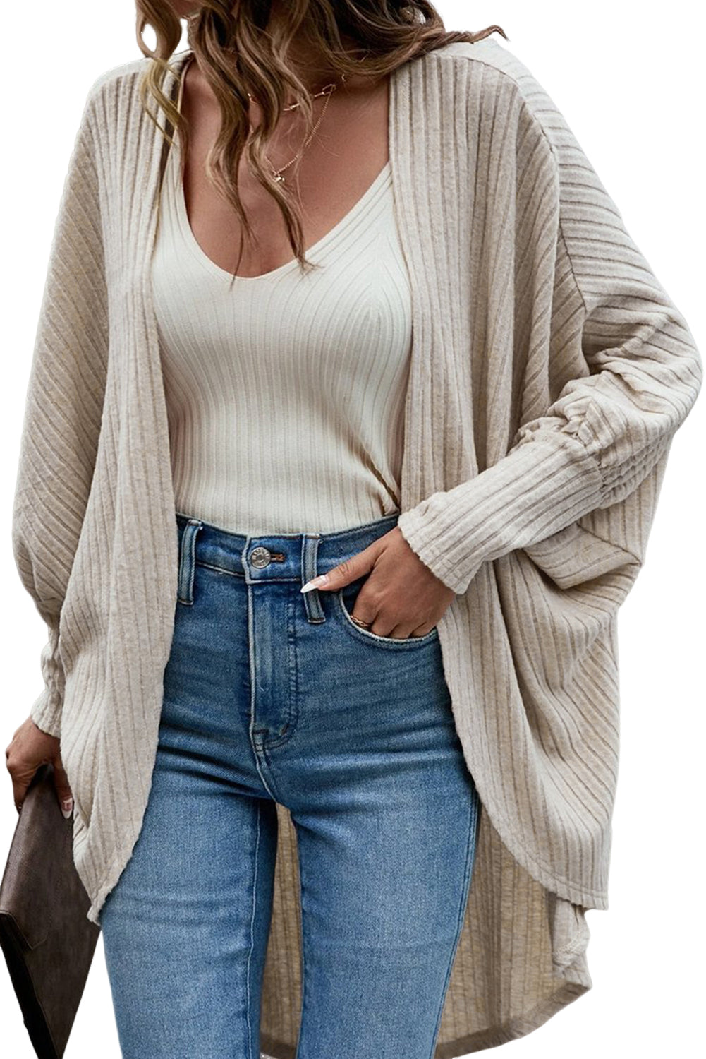 Parchment Batwing Sleeve Ribbed Knit Oversized Cardigan