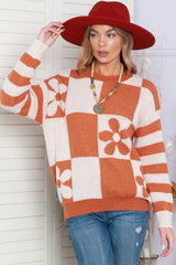 Brown Checkered Striped Knitted Pullover Sweater